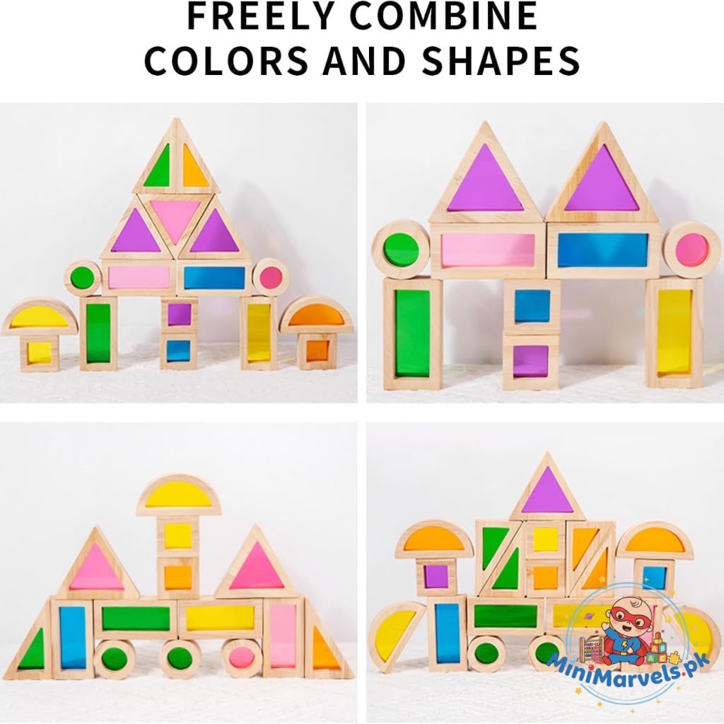 Wooden Acrylic Transparent Building Blocks Set – 24-Piece Rainbow Sensory Light & Shadow Stacking Blocks for Toddlers