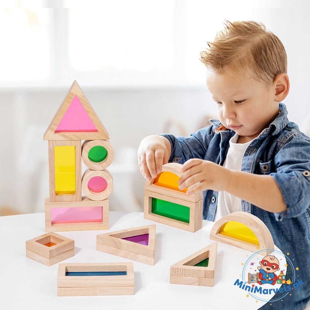 Wooden Acrylic Transparent Building Blocks Set – 24-Piece Rainbow Sensory Light & Shadow Stacking Blocks for Toddlers