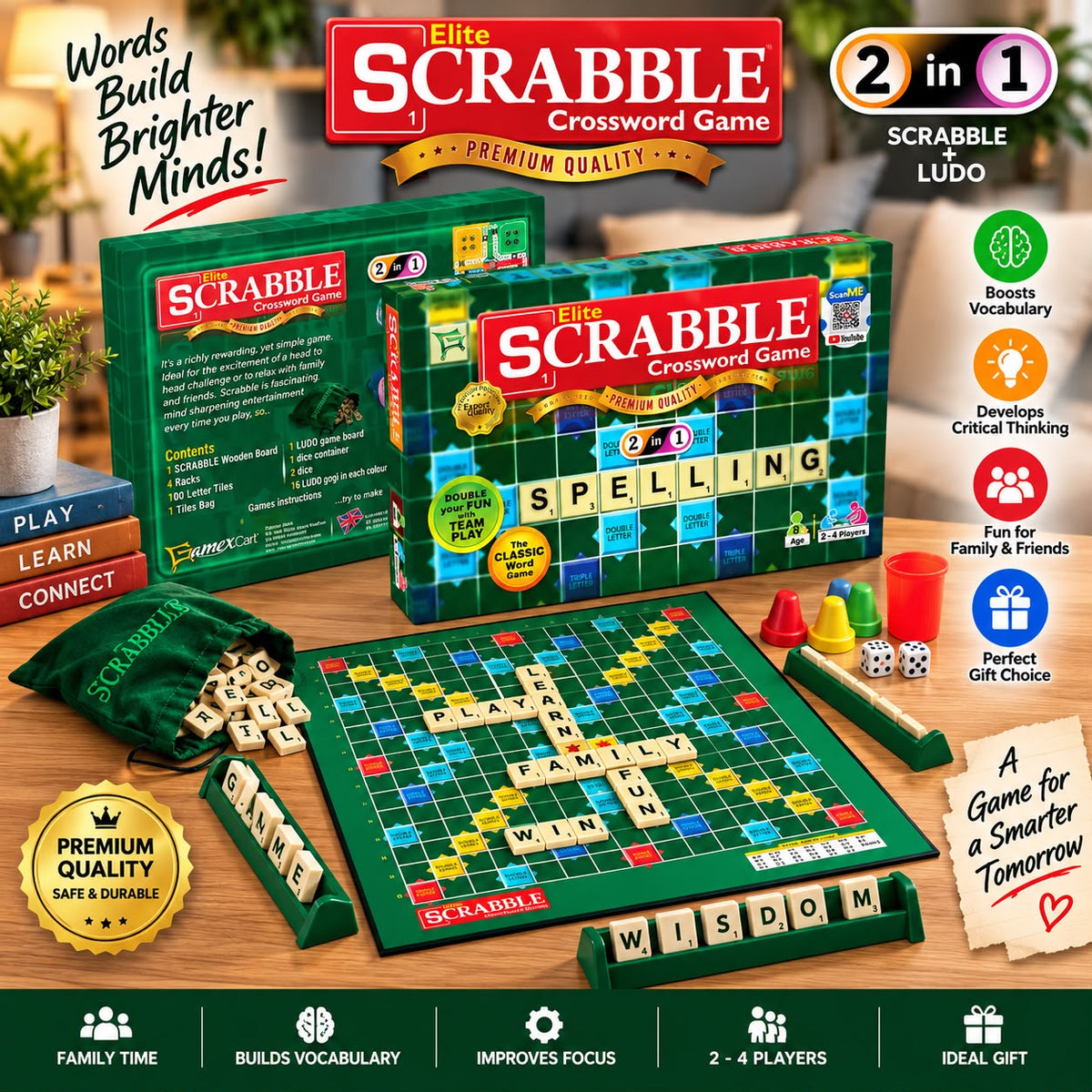Elite Scrabble 2-in-1 Board Game & Ludo | Word & Family Game