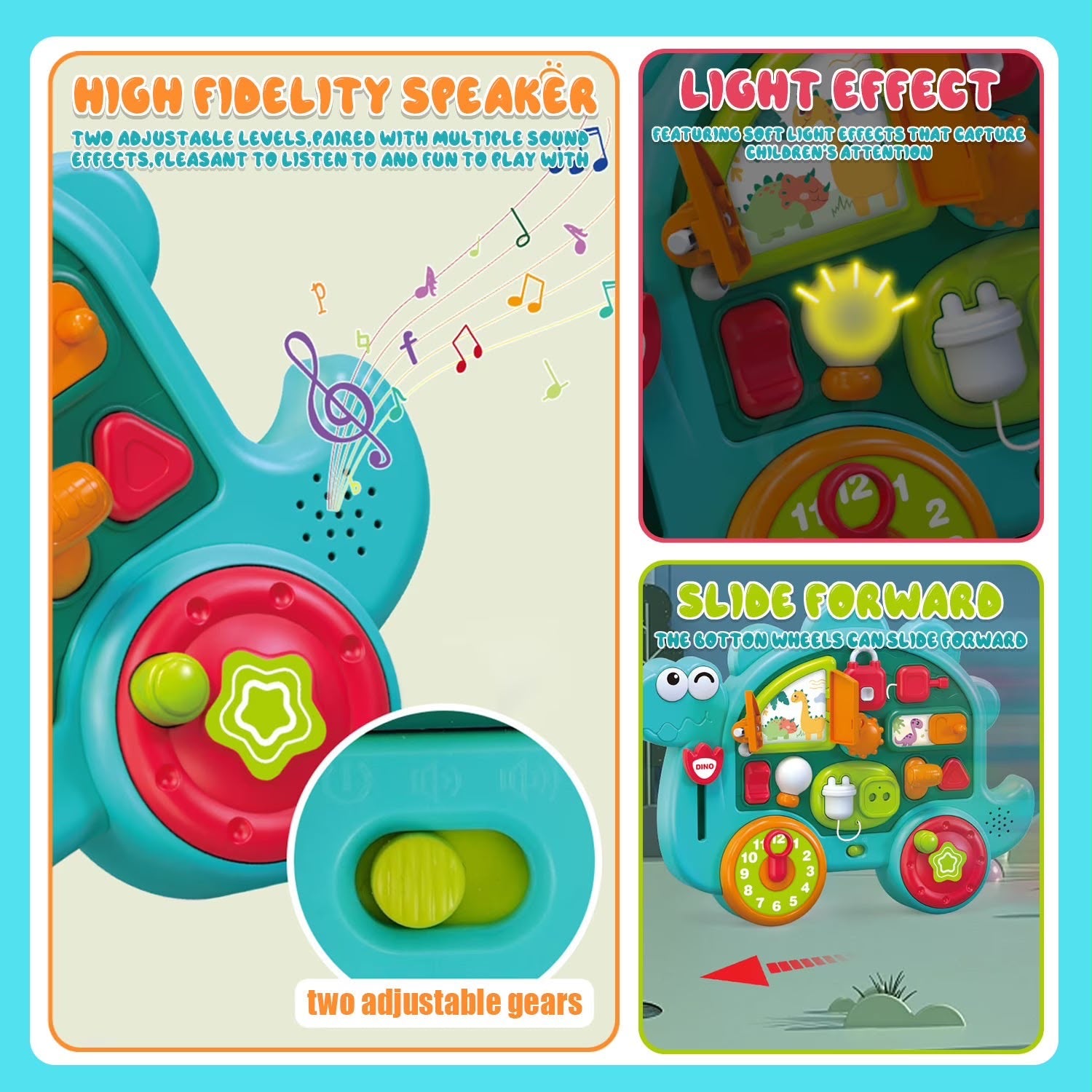 Dinosaur Busy Board Multi-Function Sensory Learning Activity Dino Car for Toddlers