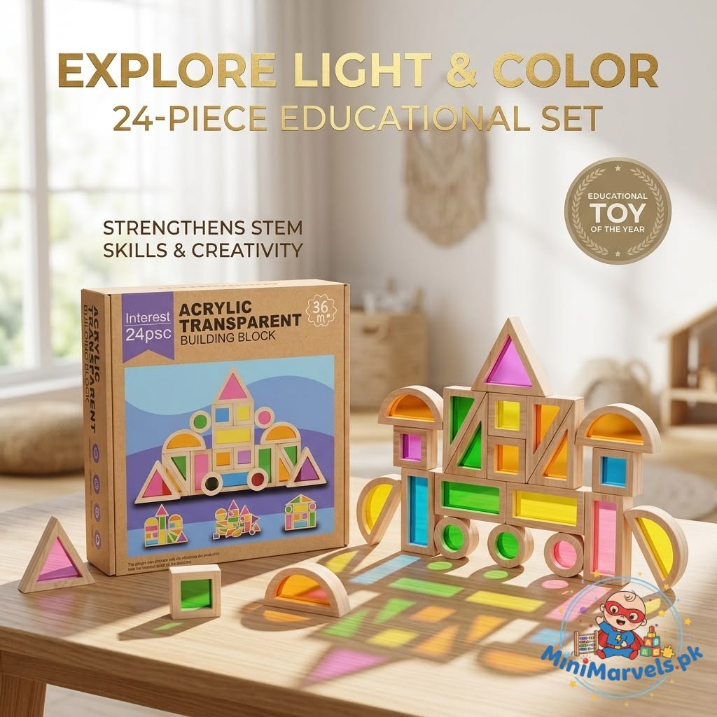 Wooden Acrylic Transparent Building Blocks Set – 24-Piece Rainbow Sensory Light & Shadow Stacking Blocks for Toddlers