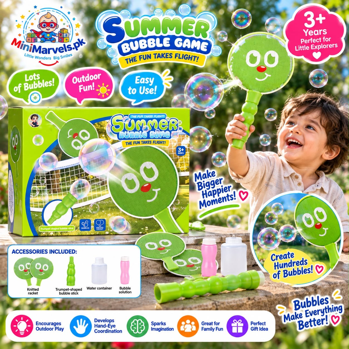Summer Bubble Game – Kids Bubble Racket Set with Bubble Stick & Solution | Outdoor Fun Toy