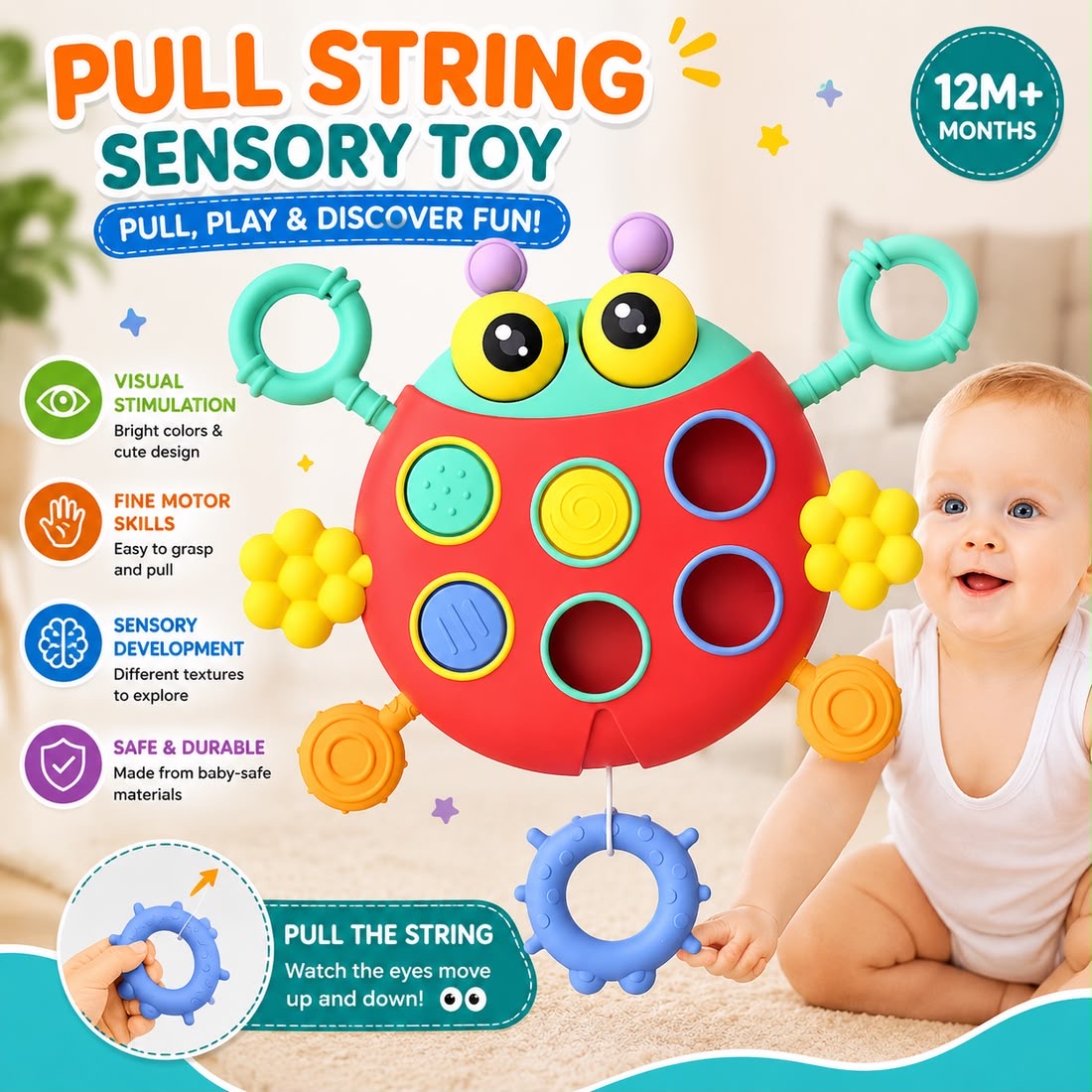 Ladybug Pull String Sensory Activity Play Toy