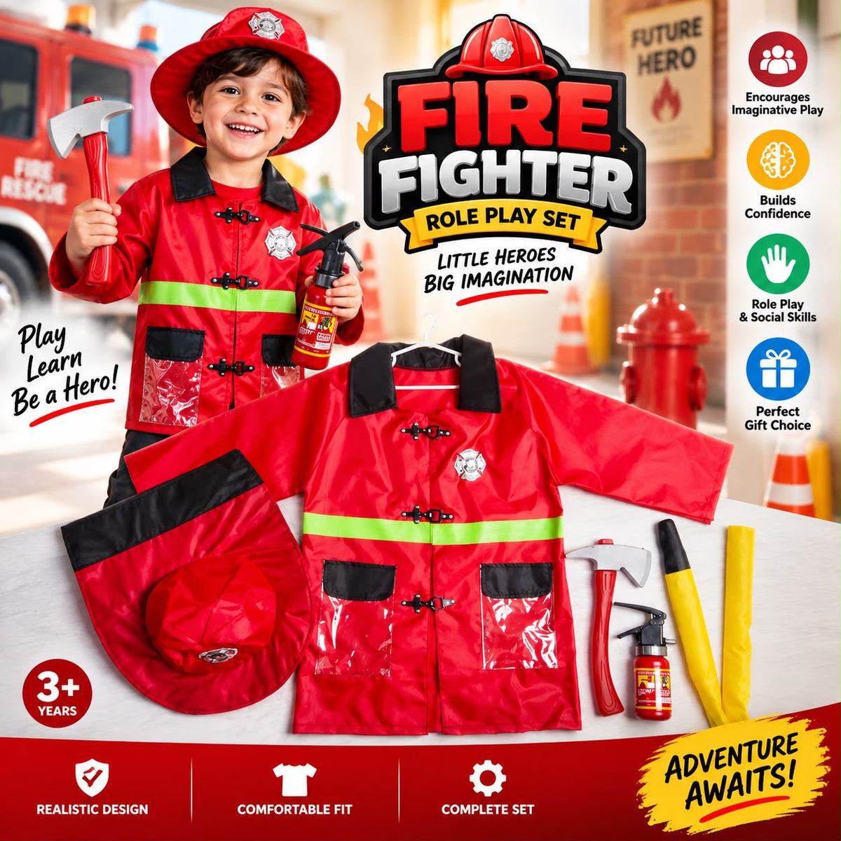 Kids Firefighter Costume Role Play Set | Fireman Dress-Up Kit 3+