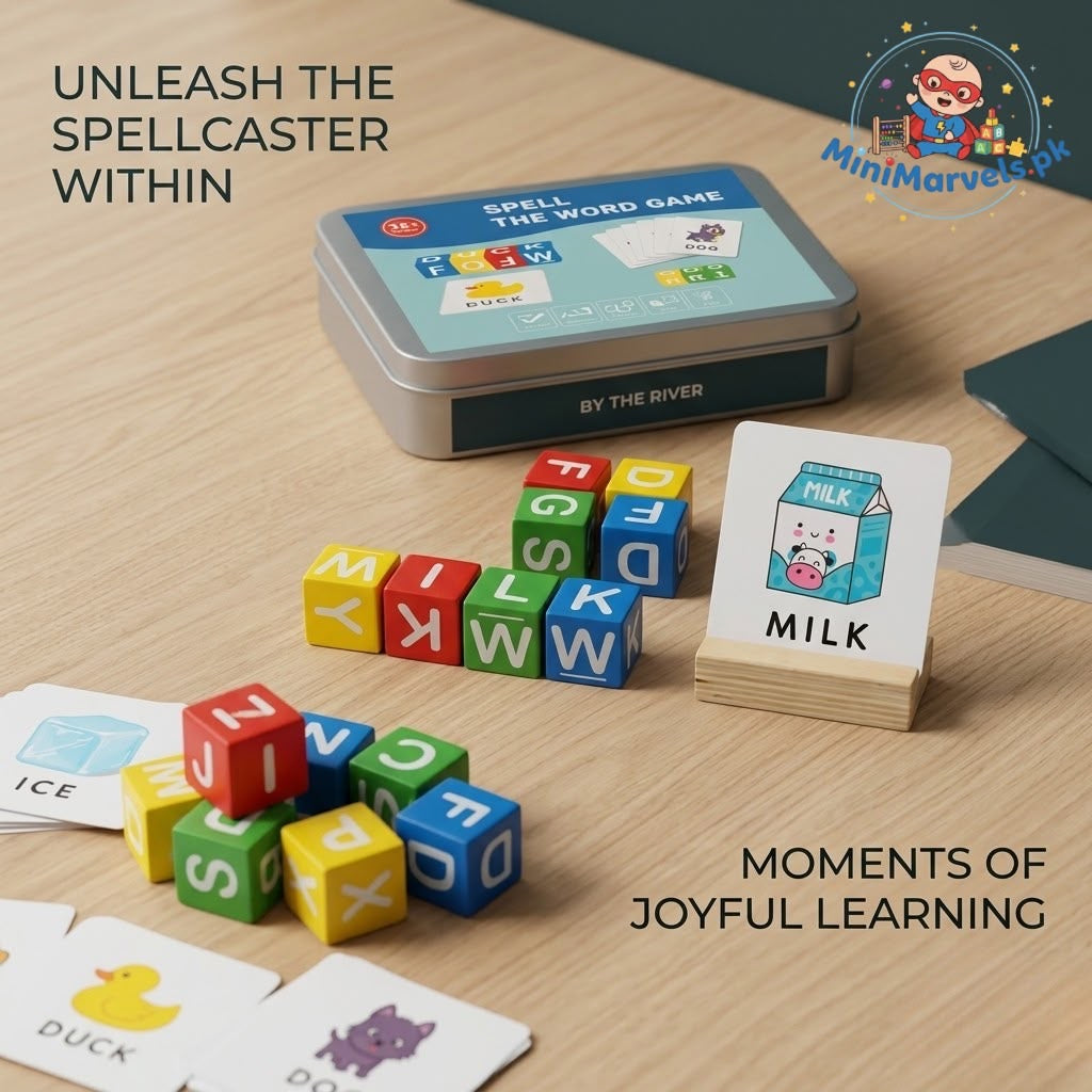Spell the Word Game, Wooden Alphabet Blocks Toy with Picture Flash Cards, Metal Storage Box, for Kids