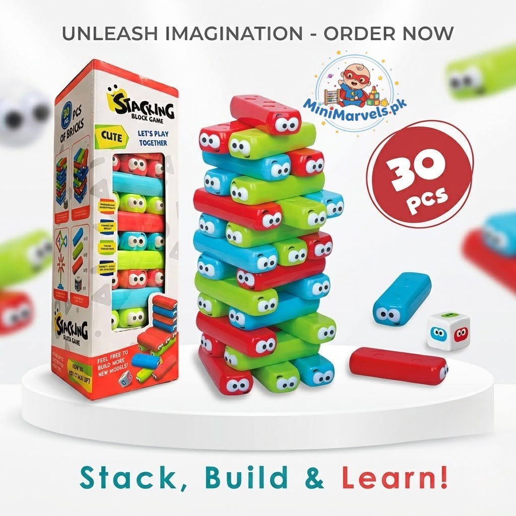 Cute Cartoon Stacking Block Game for Kids – 30-Piece Colorful Tumble Tower Toy Set with Dice |