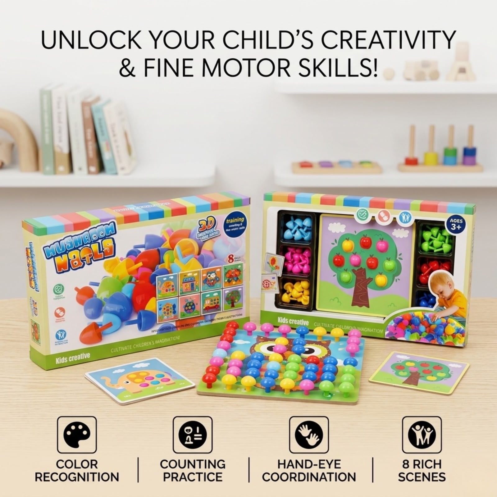 Mushroom Nails 3D Pegboard Puzzle – Educational Toy for Toddlers