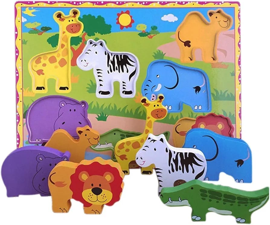 Wooden Wild Animals Chunky Puzzle for Toddlers Preschool Learning