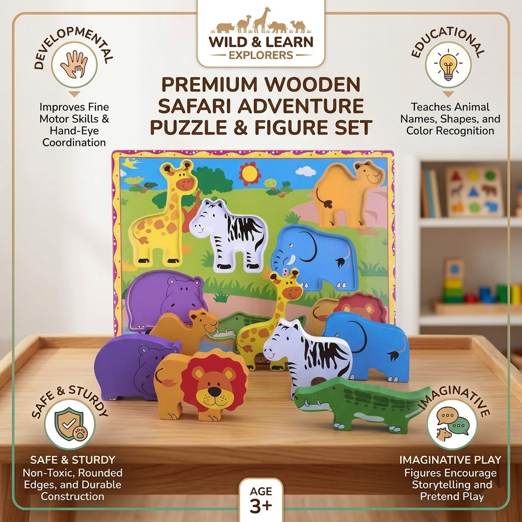 Wooden Wild Animals Chunky Puzzle for Toddlers Preschool Learning