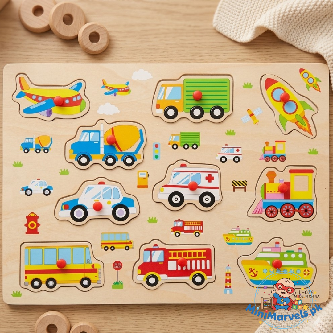 Wooden Vehicle Puzzle Board for Kids Transport Learning Toy with Easy Grip Knobs