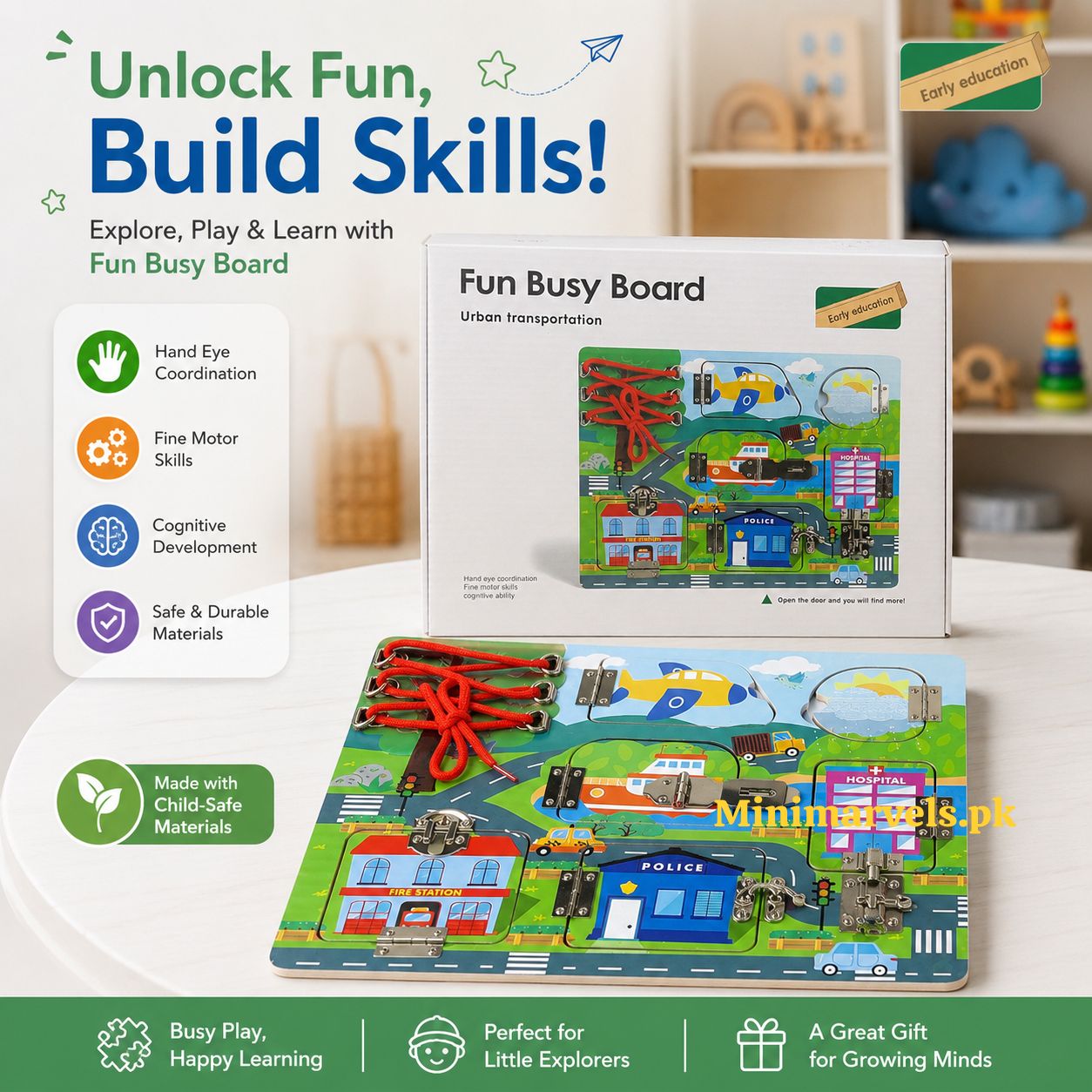 Fun Busy Board – Urban Transportation Educational Activity Board for Kids