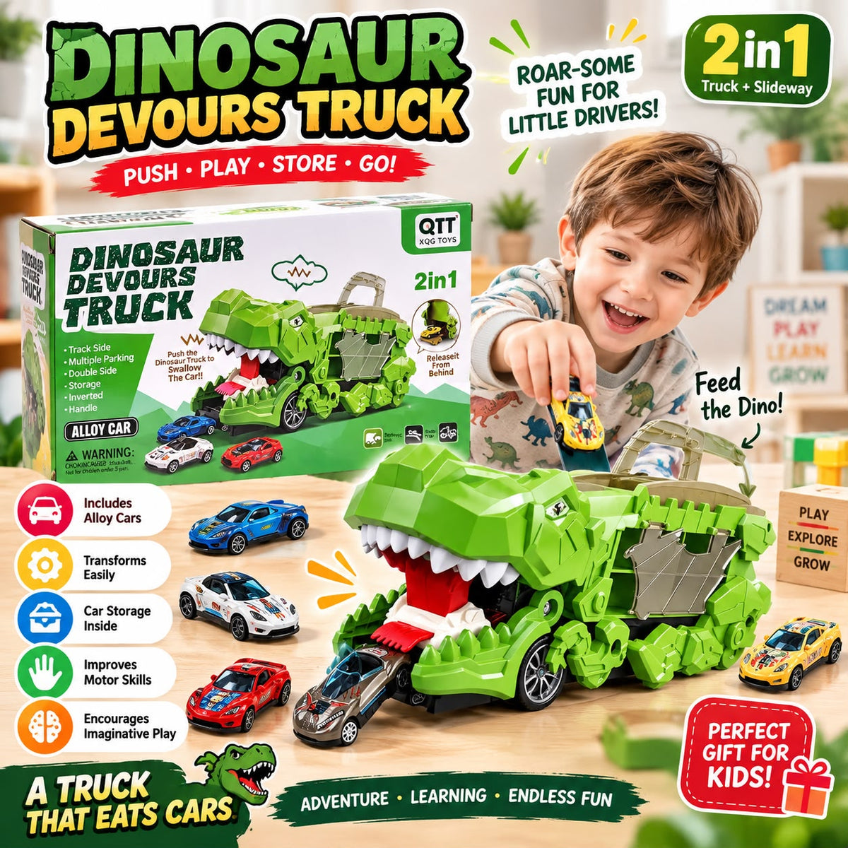 Dinosaur Devours Truck | 2-in-1 Transforming Toy Car Carrier