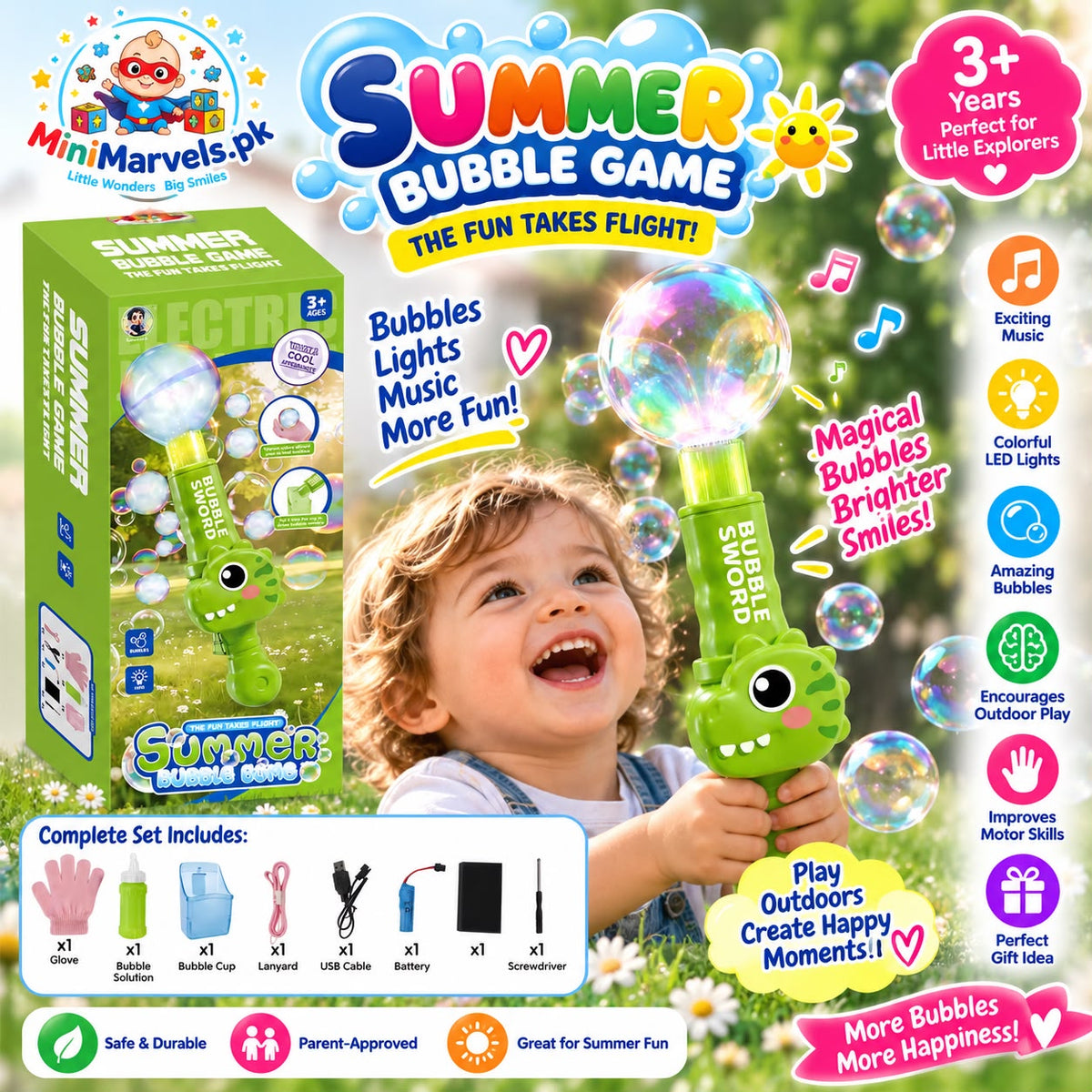 Summer Bubble Game – Dinosaur Bubble Sword with LED Lights & Music