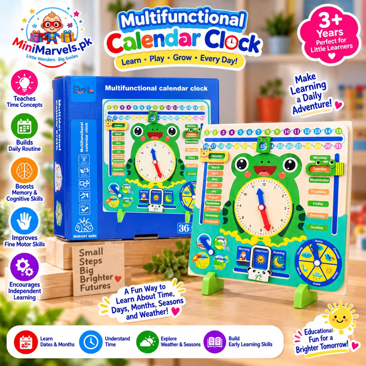 Multifunctional Calendar Clock Learning Board – Educational Wooden Toy for Kids