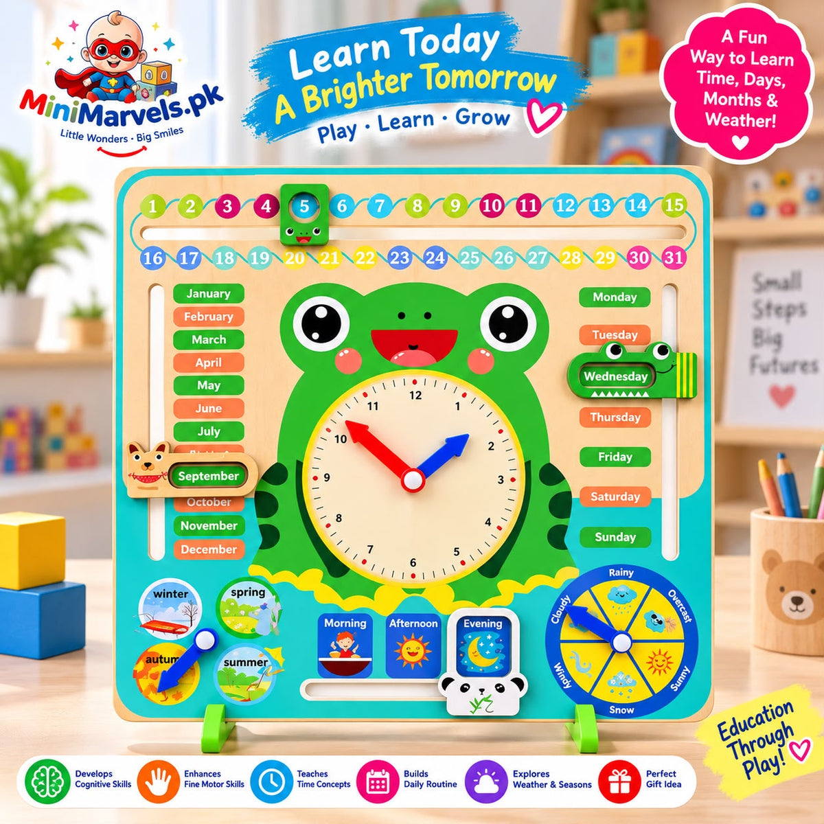 Multifunctional Calendar Clock Learning Board – Educational Wooden Toy for Kids