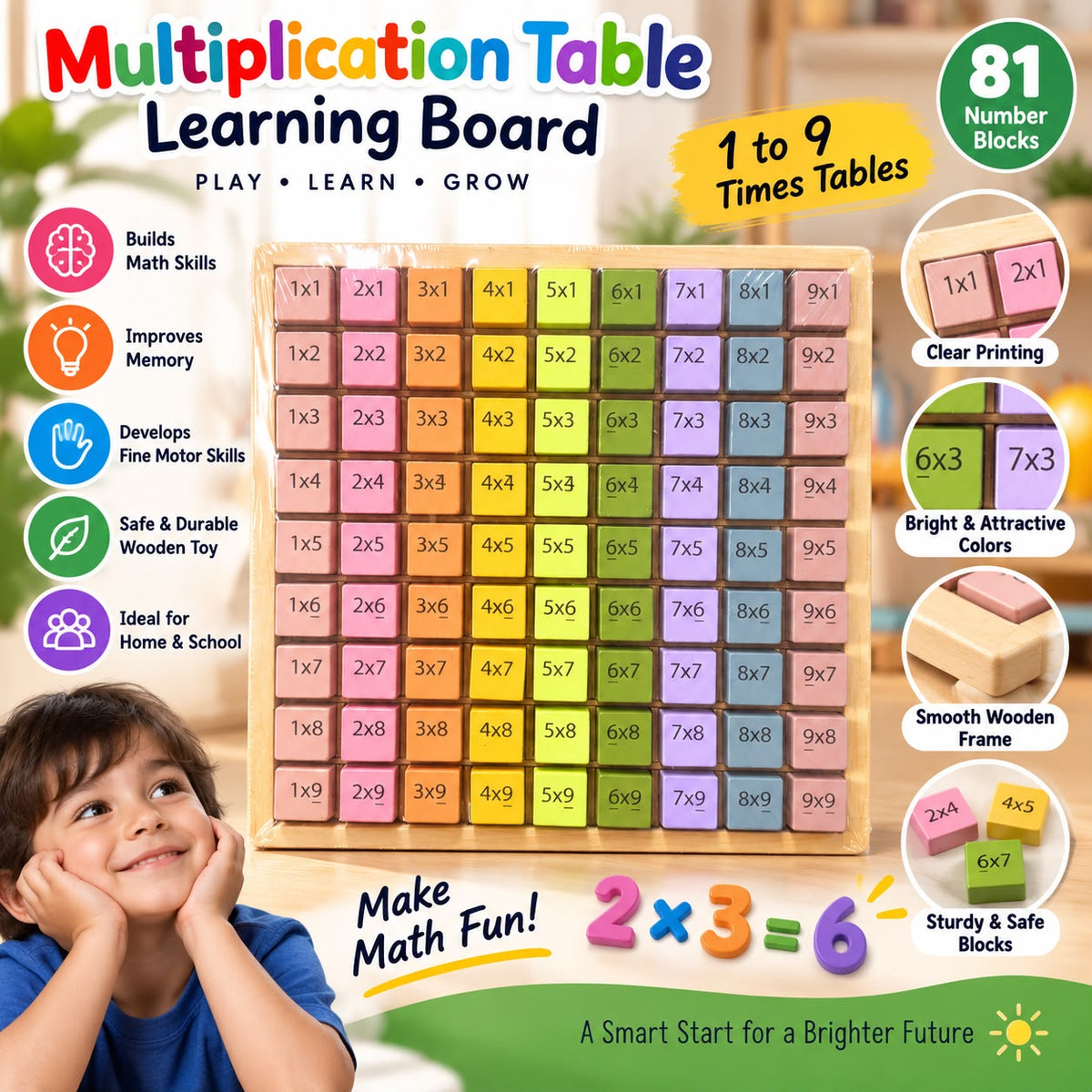 Wooden Multiplication Table Learning Board 1–9 | Educational Math Toy for Kids