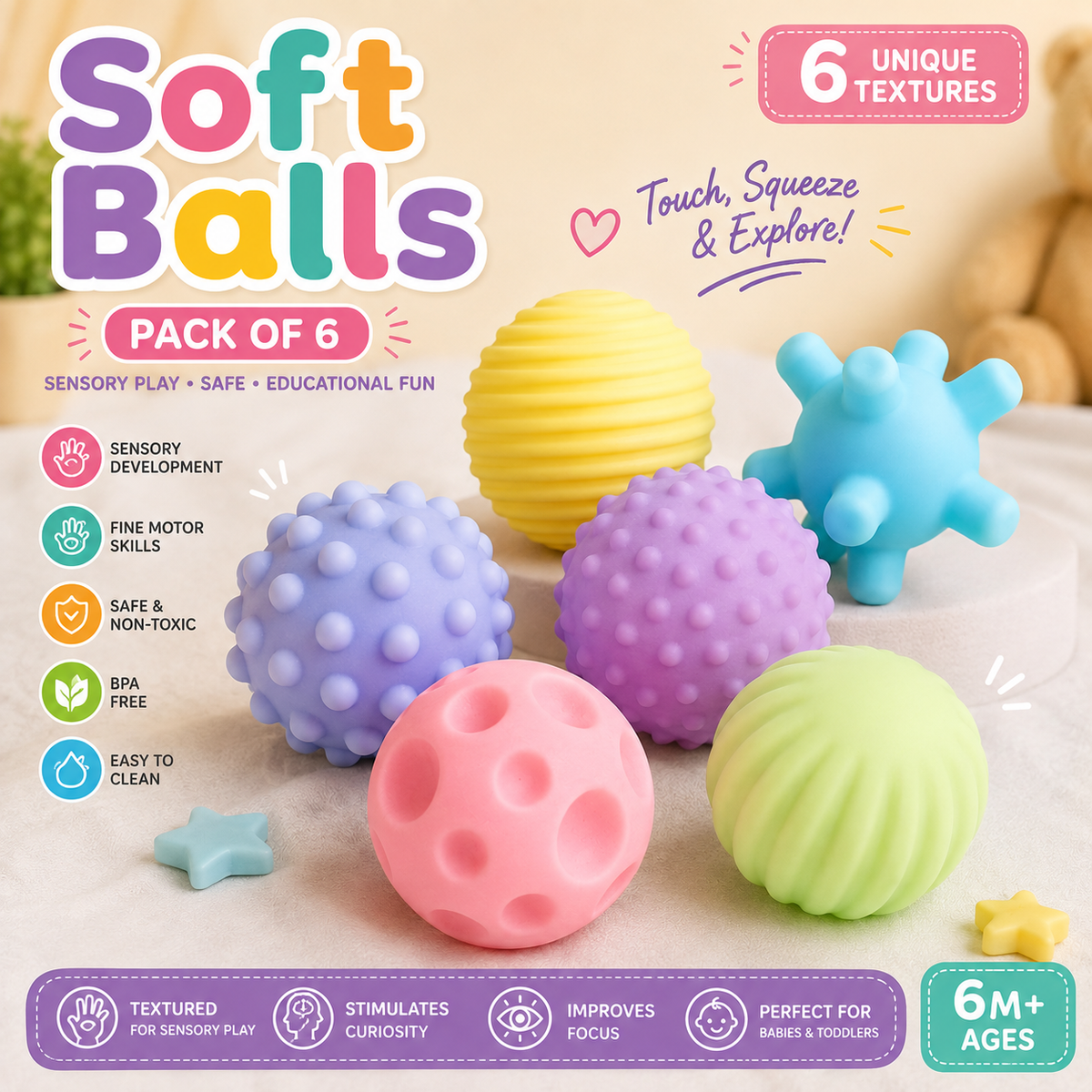 Set of 6 sensory balls for babies - Textured