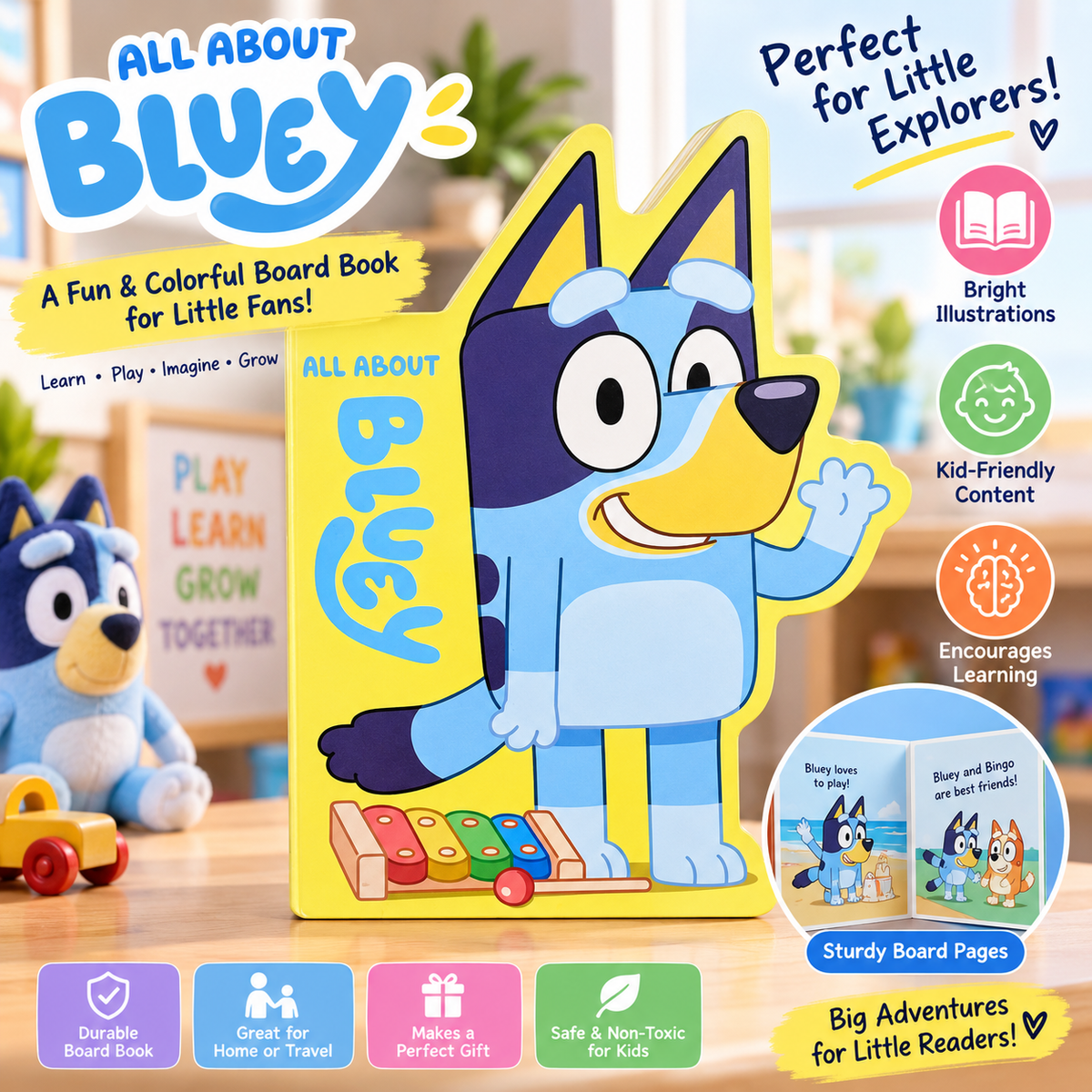 All About Bluey – Kids Character-Shaped Board Book for Toddlers