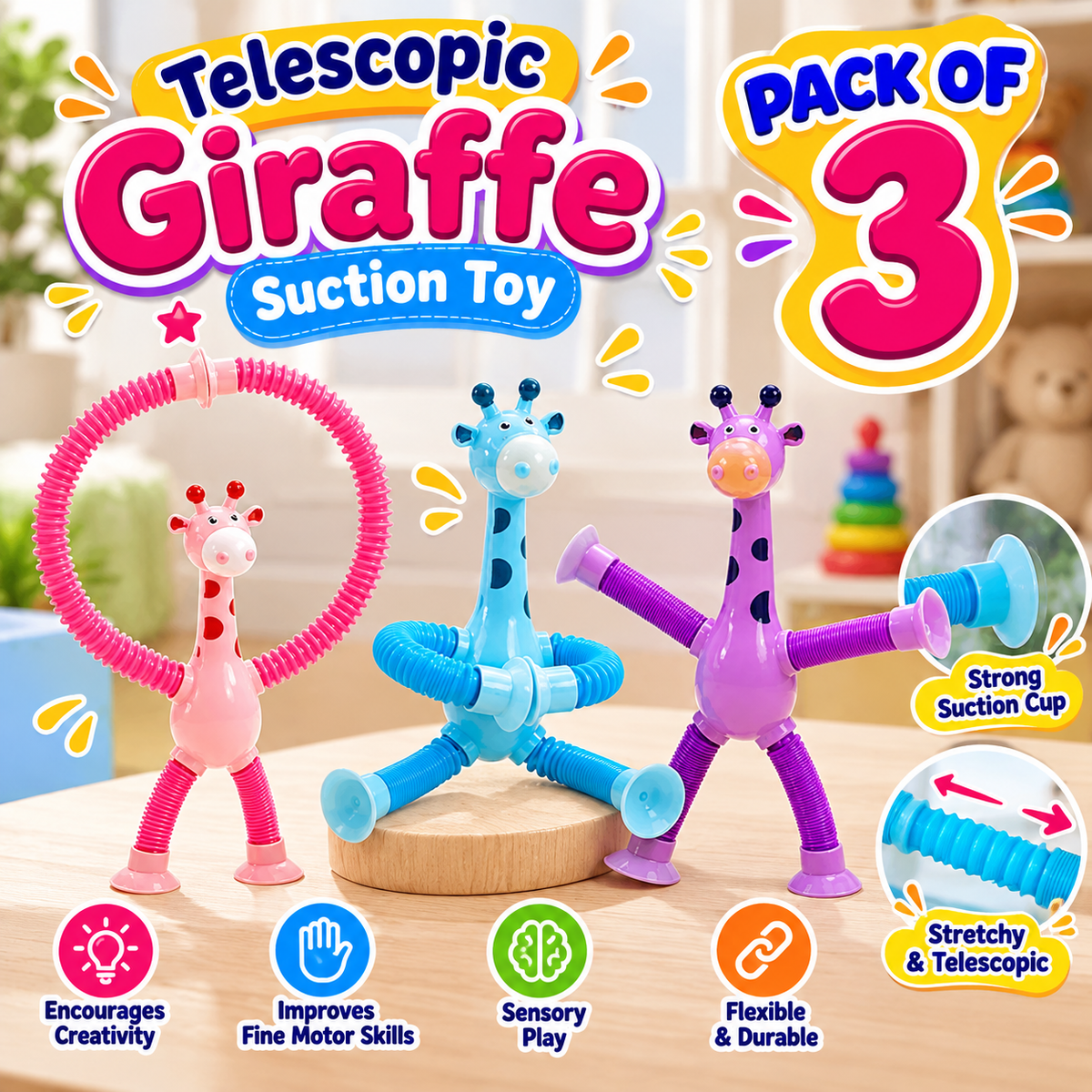 Telescopic Giraffe Suction Sensory Toy – Pack of 3 | Stretchy & Flexible Animal Pop Toy